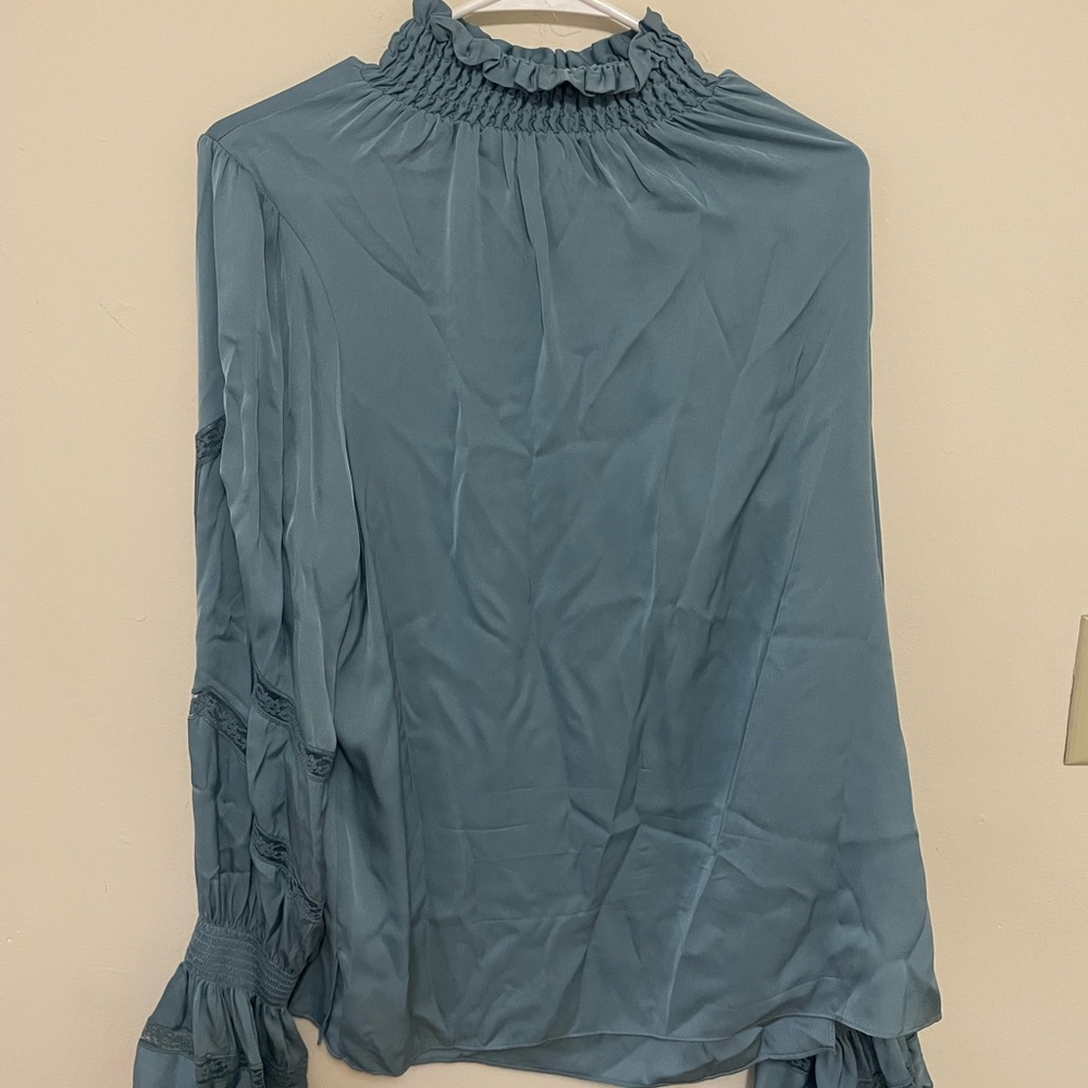 Kobi Halperin Blue Ruffled Mandarin Collar Blouse